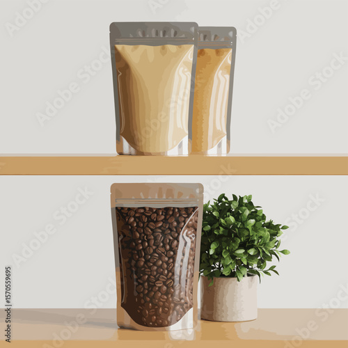 Clear Ziplock Pouches with Coffee Beans and Coffee Powder
