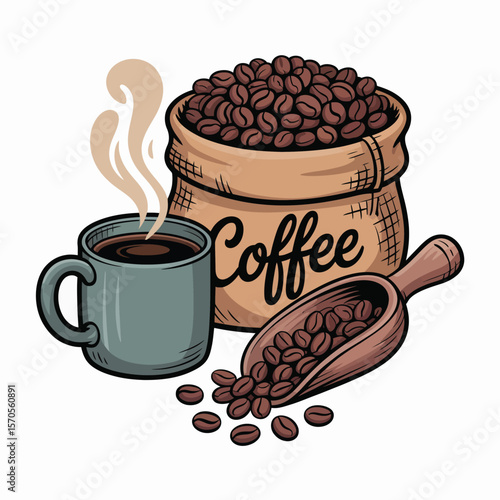 Coffee Beans, Bag, and Cup with Steam
