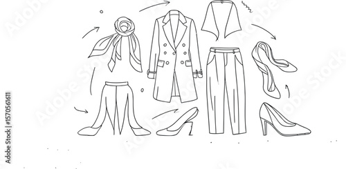 Illustration of a fashion ensemble with coat, pants, scarf, and heels in a bright setting