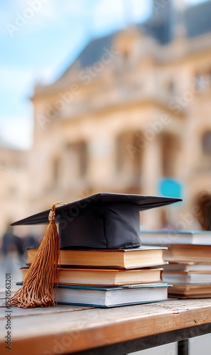 Graduation Cap on Books in Front of a Historic Building, A graduation cap rests atop a stack of books, placed on a wooden surface.