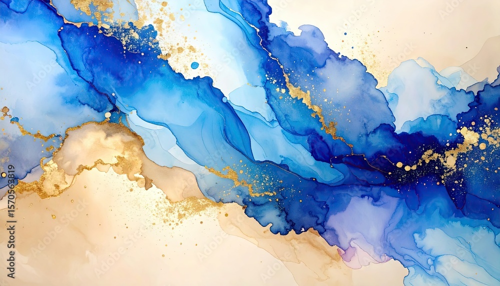 Obraz premium Abstract Watercolor Painting With Flowing Blue Ink and Golden Embellishments on Beige Background