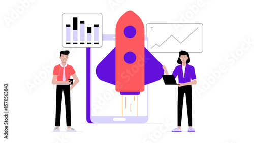 startup team testing beta product with early users flat vector illustration