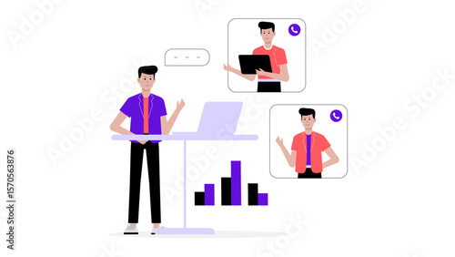 freelancer joining virtual co-working space meeting flat vector illustration