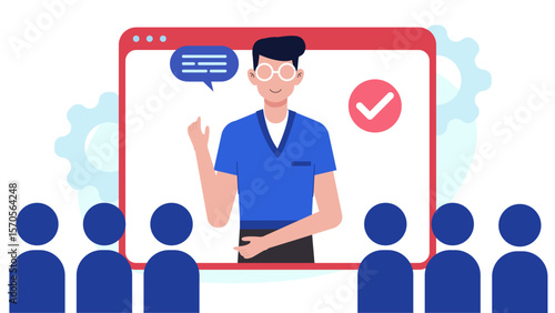 CEO hosting virtual company-wide town hall flat vector illustration