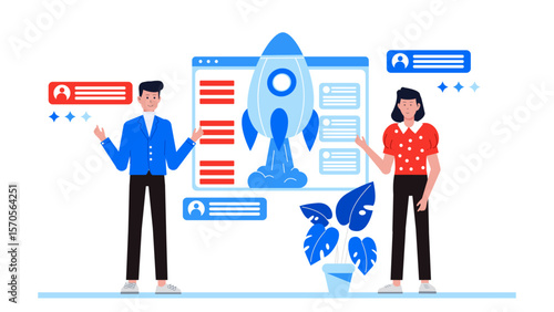 startup team testing beta product with early users flat vector illustration