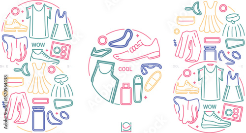 Colorful circles with clothing items and accessories on a dark background with sale and cool text
