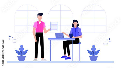 Freelancer negotiating contract terms with client, flat vector illustration