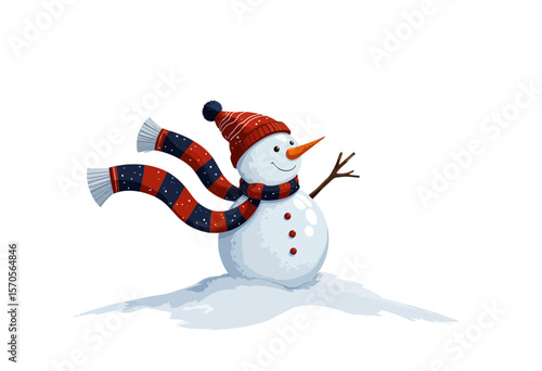 Cheerful snowman waving wearing red hat and striped scarf in snow  
