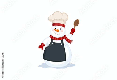 Snowman chef waving with a wooden spoon in a festive design  