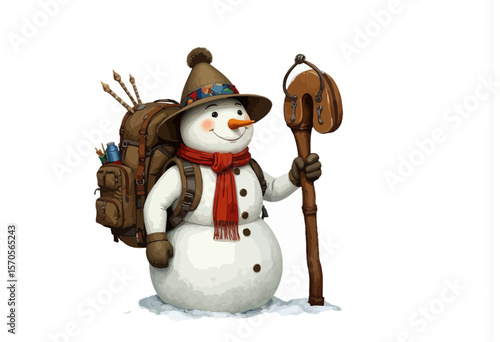 Snowman hiking with backpack and walking stick in winter landscape  