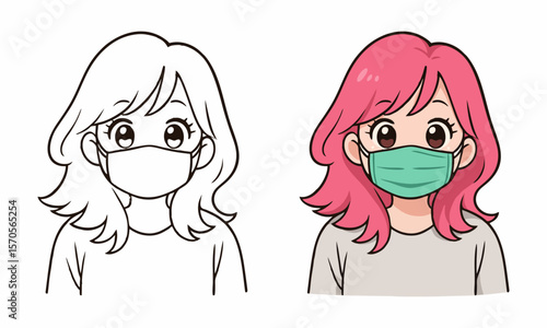 girl wearing surgical mask coloring page for kids
