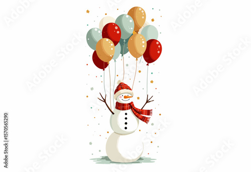 Snowman holding colorful balloons in festive winter celebration  