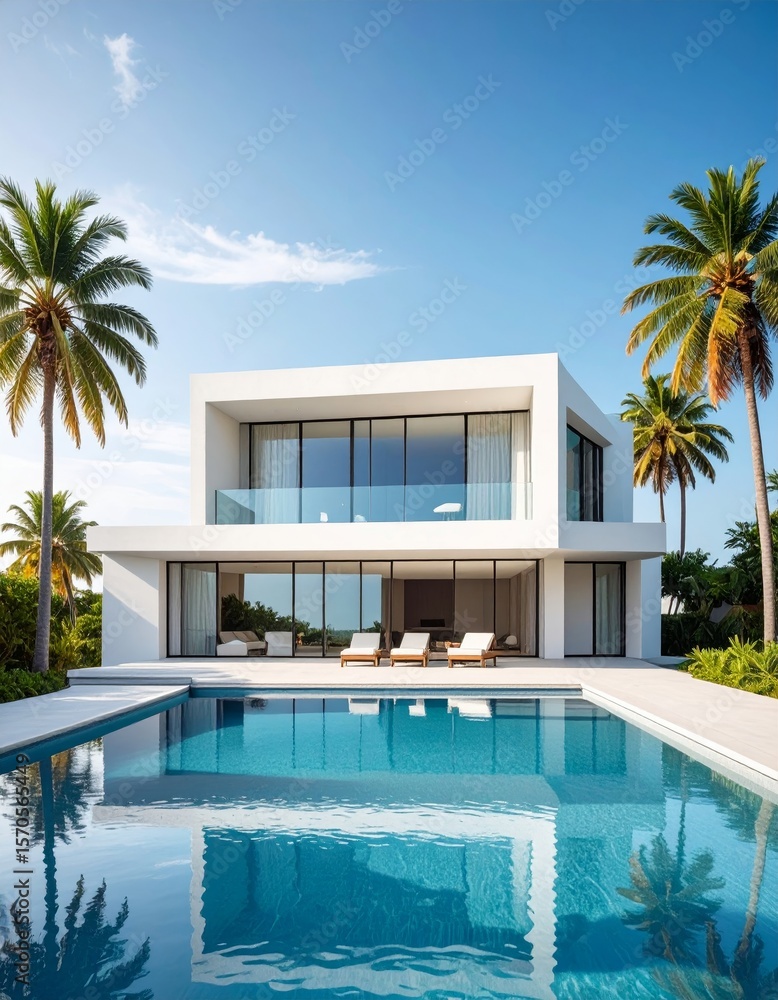 Fototapeta premium minimalist vacation home with pool palm trees. Minimalist concept of summer holiday, tropical escape