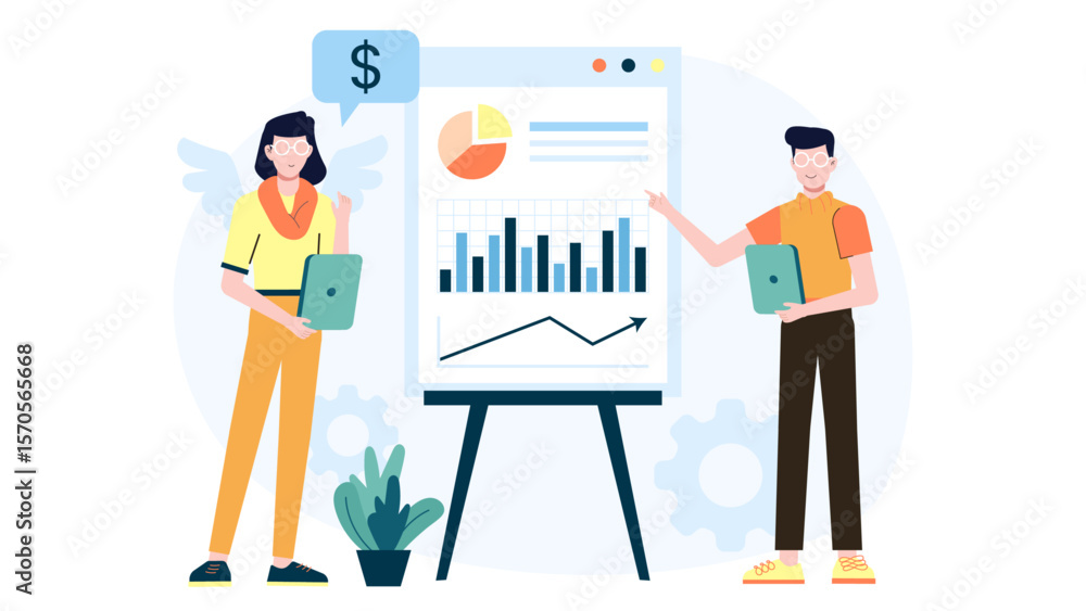 Obraz premium Startup Founder Pitching to Investors, flat vector illustration