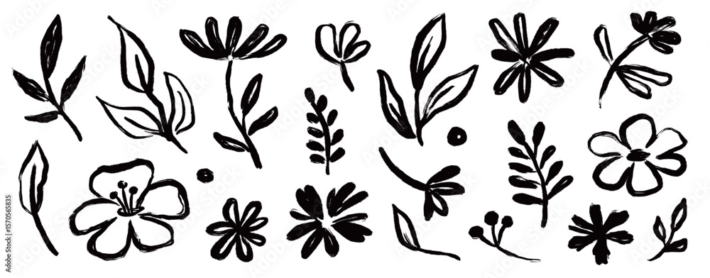 Fototapeta premium Flower brush paint stroke set. Hand drawn floral flower, leaf graffiti elements in brush paint silhouette set. Vector black ink stroke doodle floral texture sketch spring pattern. Vector illustration