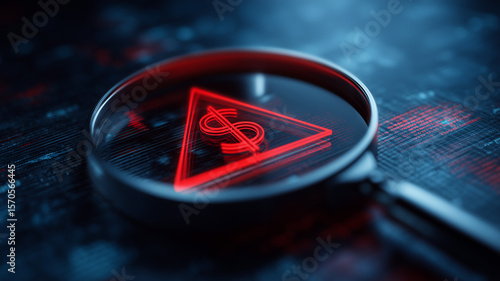 Magnifying glass focused on digital dollar with red warning triangle and cybersecurity theme