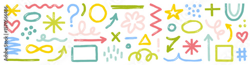 Abstract shape brush paint set. Hand drawn crayon marker stroke abstract shape arrow, blob, line texture. Marker doodle arrow, geometric asterisk icons in color grunge background. Vector illustration