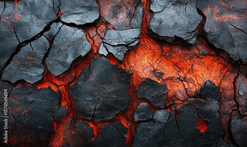 solidified lava flow, crack patterns, red and black tones, harsh textures