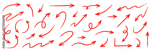 Arrow red hand handwritten sketch vector. Hand drawn pencil marker doodle arrow set brush line, curved direction pen style. Big thick rough artistic stroke for red clipart. Vector illustration