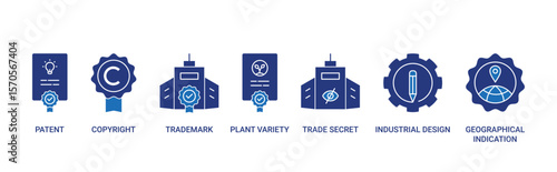 Intellectual Property types icon set with patent, copyright, trademark, plant variety, trade secret, industrial design and geographical indications concept illustration