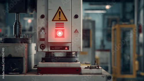 Faulty industrial machine with flashing red warning light in factory setting