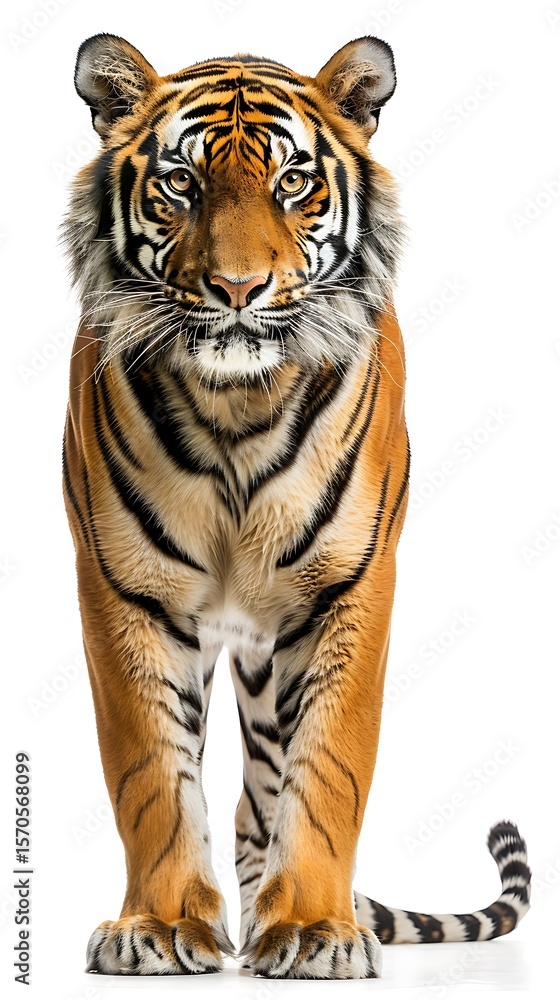 Fototapeta premium A majestic bengal tiger stands tall, isolated on white background