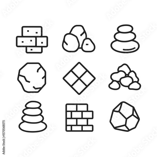 Natural stone and rock icon set. Outline symbols. Line design
