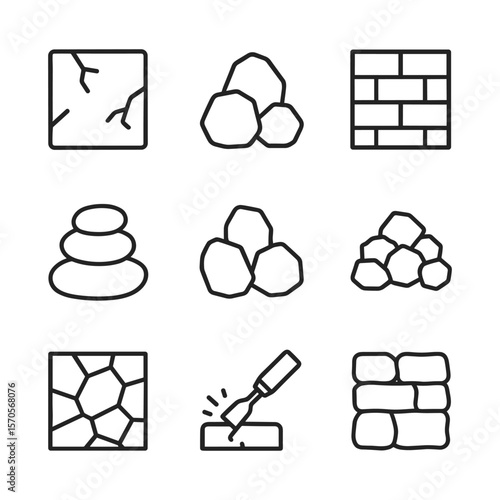 Stone material texture icon set. Outline symbols. Line design