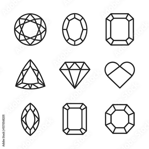 Luxury gemstone icon set with precious stone varieties. Outline symbols. Line design