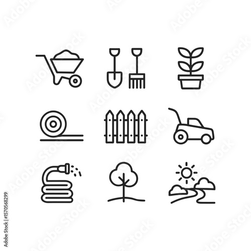 Landscaping gardening tools icon set. Outline symbols. Line design