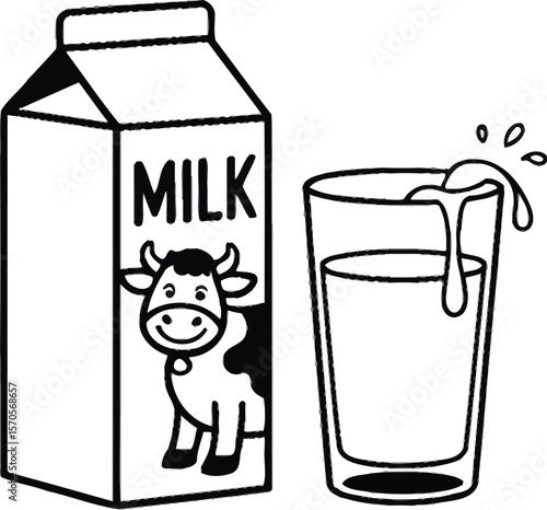 Cartoon illustration of a milk carton with a cow and a glass of milk with a small spill on top