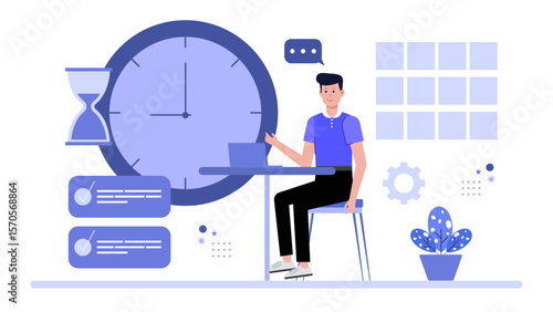 Man working on laptop near clock, hourglass. Suitable for time management, productivity, business concepts in office or workplace designs.