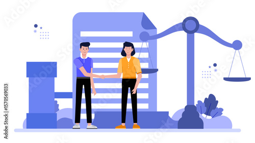 Legal agreement handshake near scales symbolizes trust in business partnerships, law, contracts, justice. Suitable for legal, business, partnership, agreement concepts in design.
