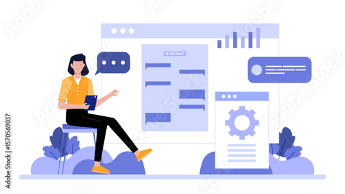Online customer service chat support for websites or apps, featuring a virtual assistant providing assistance and answering queries. Suitable for tech businesses.