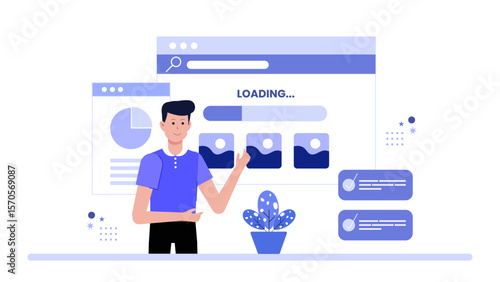Man interacts with a loading website displaying graphs and images. Perfect for technology blogs, web design concepts, data analysis articles.