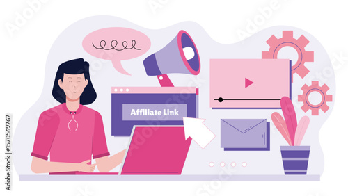 Woman promoting an affiliate link online, suitable for marketing, advertising, ecommerce, digital marketing content, affiliate programs, social media posts.