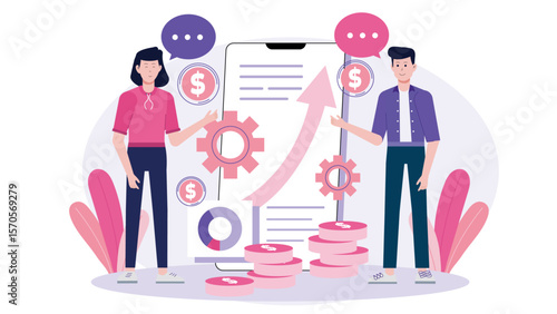 Man and woman discussing financial growth, suitable for business blogs, financial presentations, investment websites, and marketing materials targeting financial services.