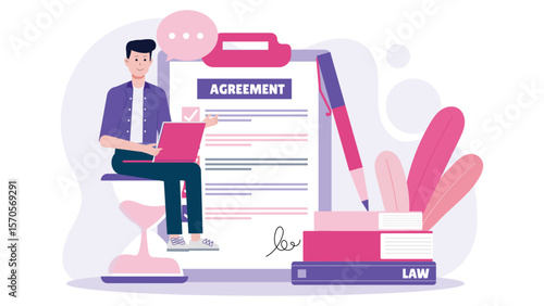 Man reviewing legal agreement on laptop. Suitable for websites, blogs, and articles related to law, contracts, business, and technology.