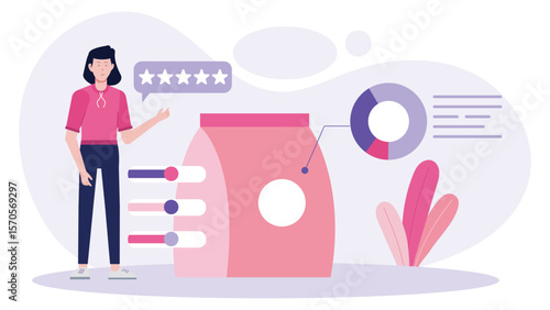 Woman presenting product reviews and data analysis. Ideal for business blogs, marketing presentations, and ecommerce websites showcasing analysis.