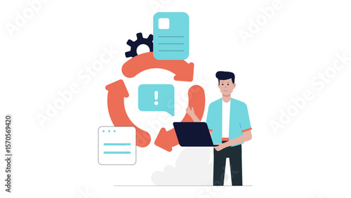 Man working on laptop in cyclical workflow, displaying productivity and technology. Suitable for business, technology, and workflow concepts.