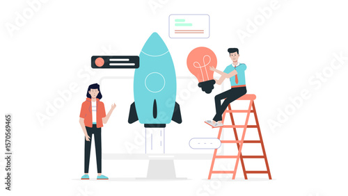 Team launching a startup idea, suitable for business presentations, entrepreneurship blogs, innovation websites, technology articles, and team collaboration concepts.