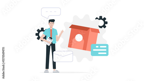 Man managing a package delivery process. Suitable for logistics and courier service concepts, online shopping websites, and transportation industry designs.