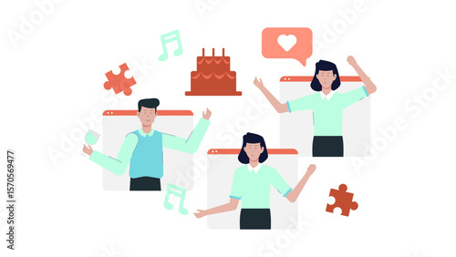 Virtual birthday party with happy people suitable for online birthday invitations, social media posts, virtual celebration announcements, and ecards.