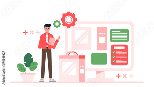 Man multitasking with a tablet, computer, and a plant. Perfect for illustrating modern workplace, technology in action, and green office space.