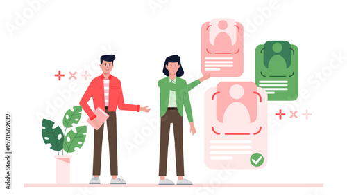 Two people reviewing candidate profiles for hiring, suitable for recruitment blog posts, HR presentations, company newsletters, and job advertisements.