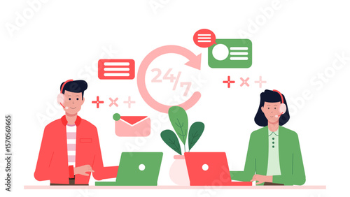 Two customer service agents working tirelessly around the clock. Suitable for digital marketing, customer service concepts, call center visuals.