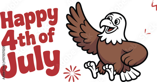 Cartoon image of happy fourth of july with eagle and fireworks on american flag background design