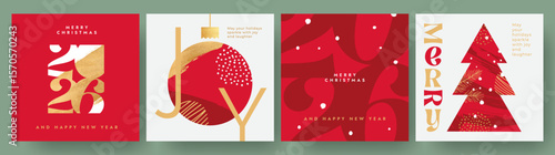 Merry Christmas and Happy New Year 2026 greeting card Set. Modern Xmas design with typography, beautiful Christmas tree and ball, snowflakes. Minimal elegant art banner, poster, cover templates