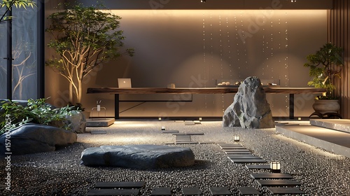A serene office desk with a calming zen garden and soft lighting