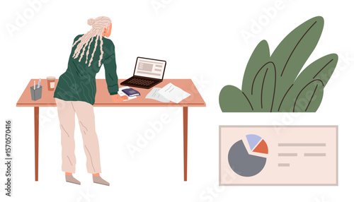 Woman reviewing information on a laptop at a desk with documents, pie chart, and decor. Ideal for business, management, analytics, productivity, organization focus decision-making. Simple flat